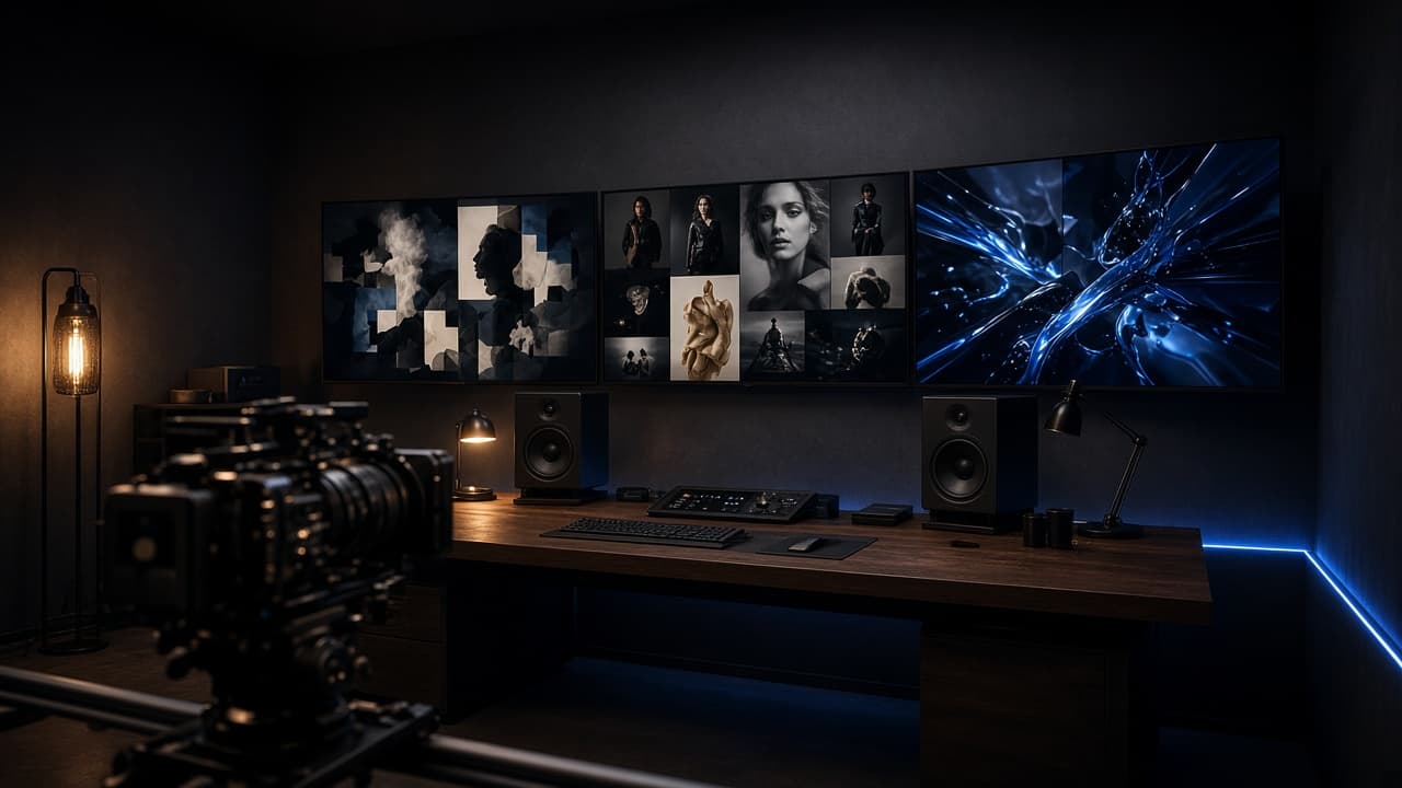 Creative-Studio mit Kampagnen-Screens, Schnittplatz und Kamera