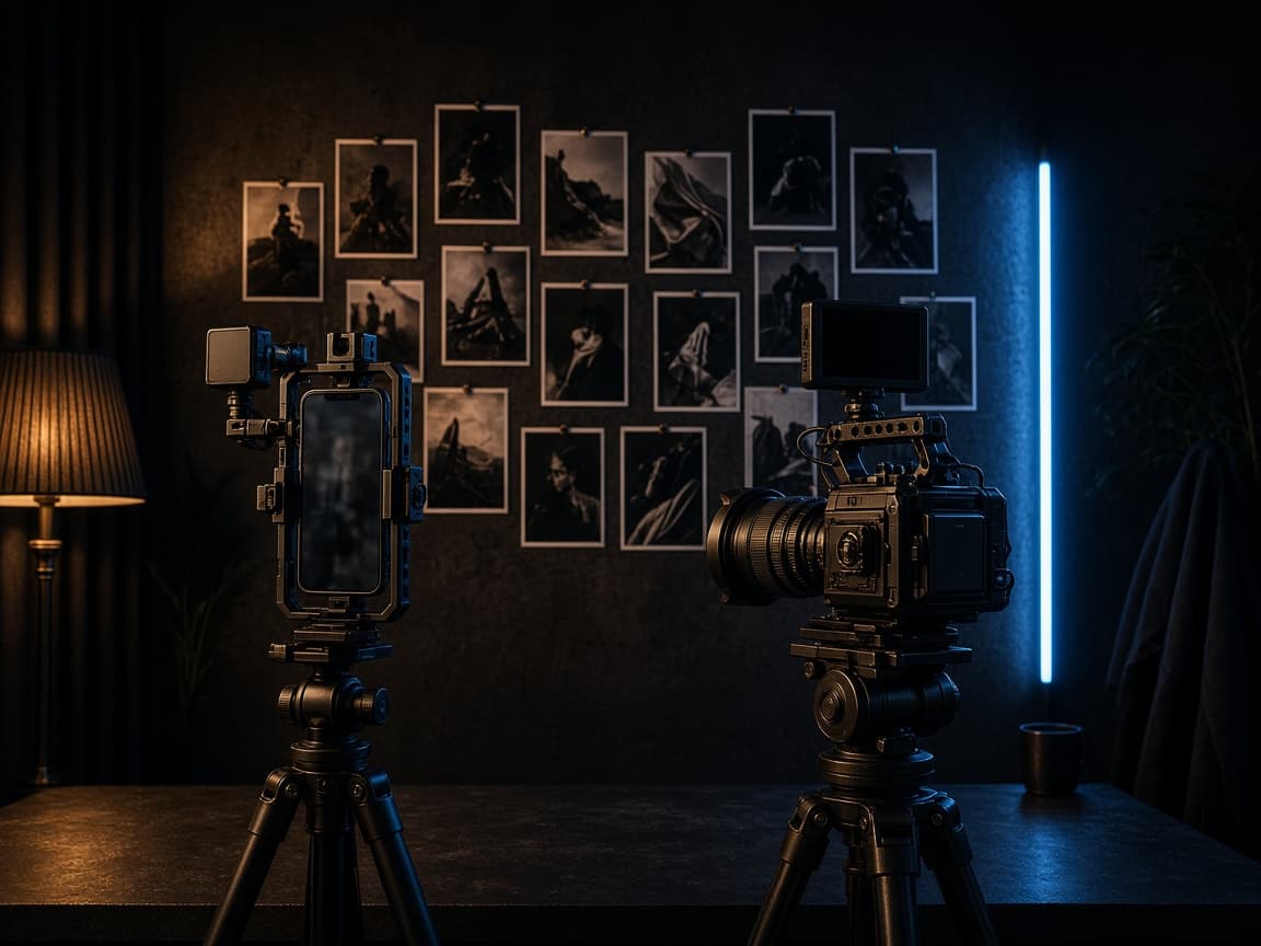 Social-Content-Set mit Phone-Rig, Kamera und Moodboard